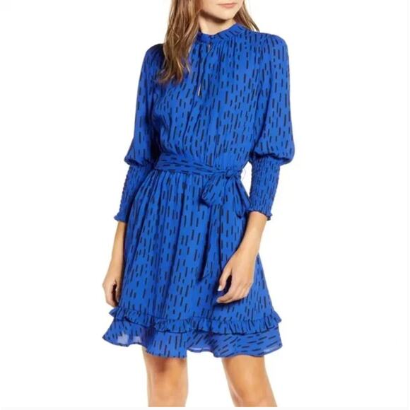 REBECCA MINKOFF | Bianca Blue Ruffle Hem Long Sleeve Tie Waist Dress | Large - Picture 1 of 7